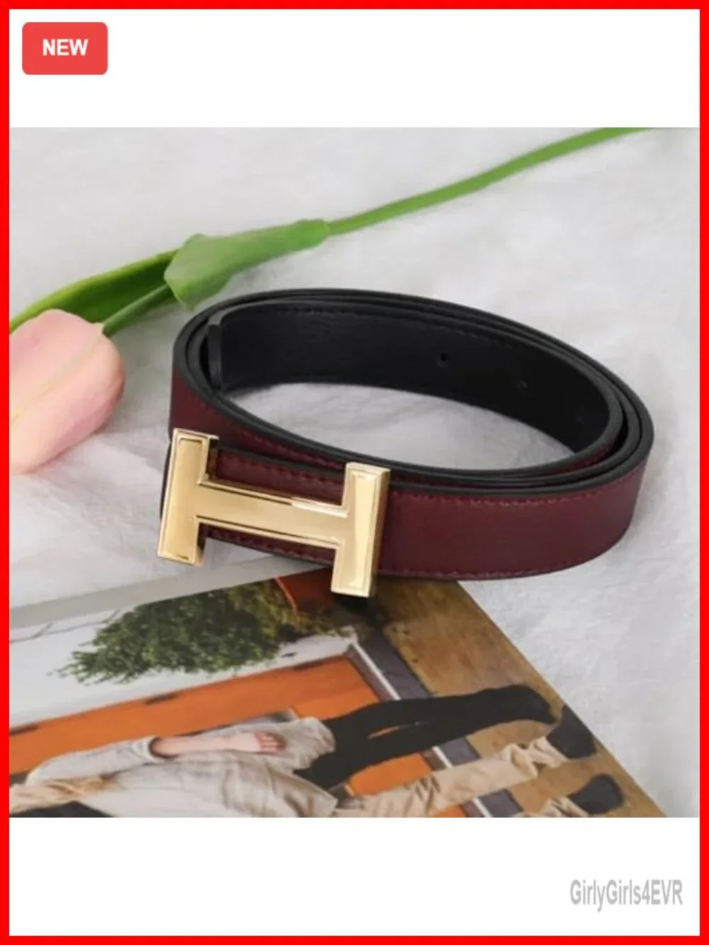 Women's Leather Belt with Detachable Gold Buckle, Fashion Waist Band for